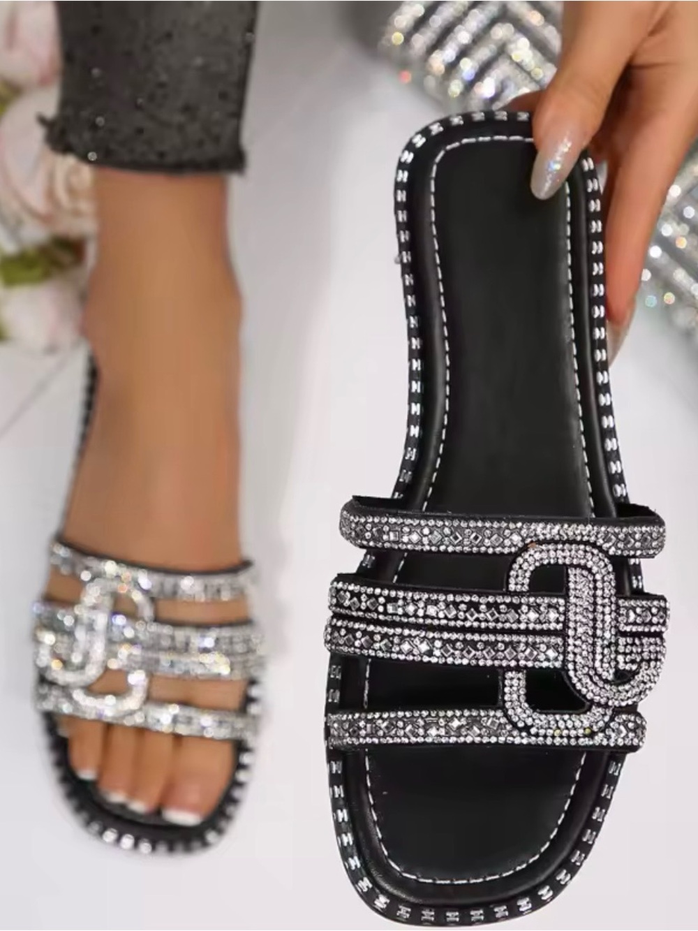 Women's Black Crystal Slide Sandals